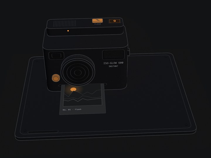 A 3D instant camera in fine lines with a print developing in front of it.