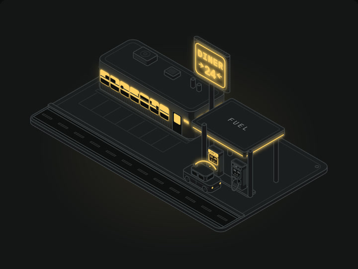 Isometric night diner with a neon sign and fuel pumps.