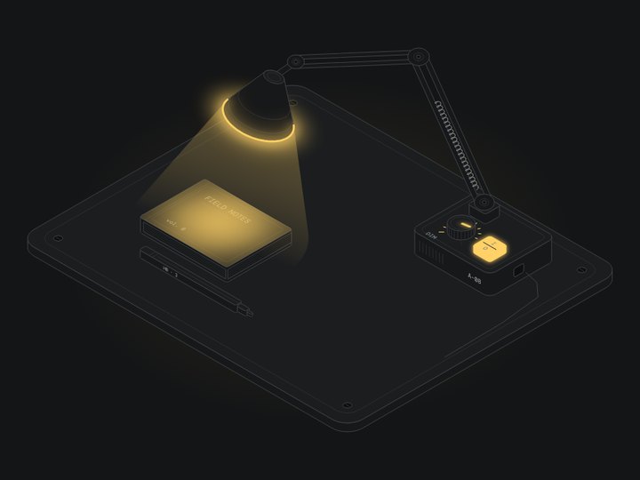 Isometric desk lamp lighting a notebook.