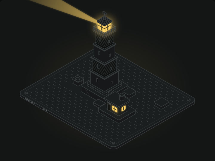 Isometric lighthouse with a beam sweeping the water.