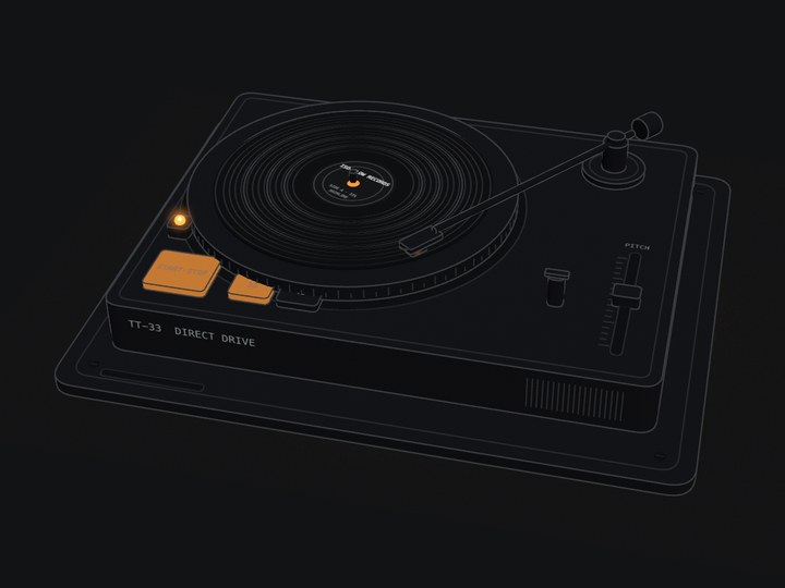 A 3D isometric turntable in fine lines, the record playing and its start button lit.